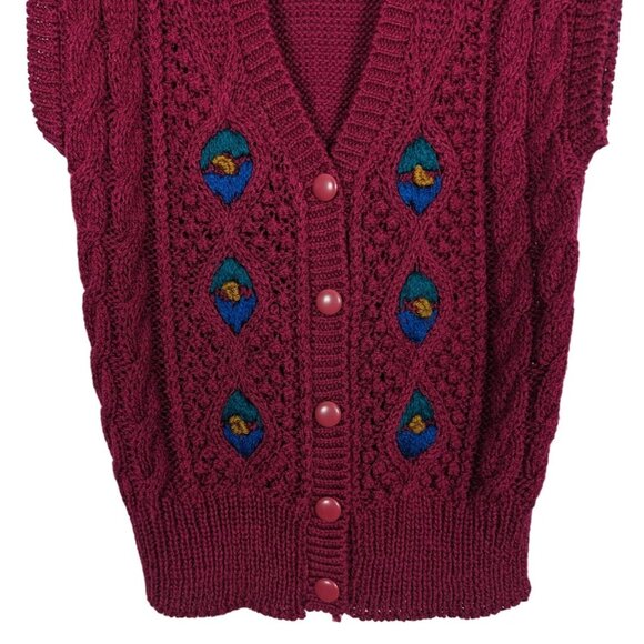 Weathervane hand knit Vintage Burgundy Blue Sleeveless Cardigan Size Large - Picture 4 of 8